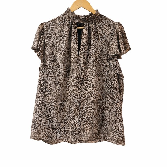 1.STATE Tops - 1.STATE Leopard Print Smocked High Neck Flutter Sleeve Blouse Plus Size 1X Brown